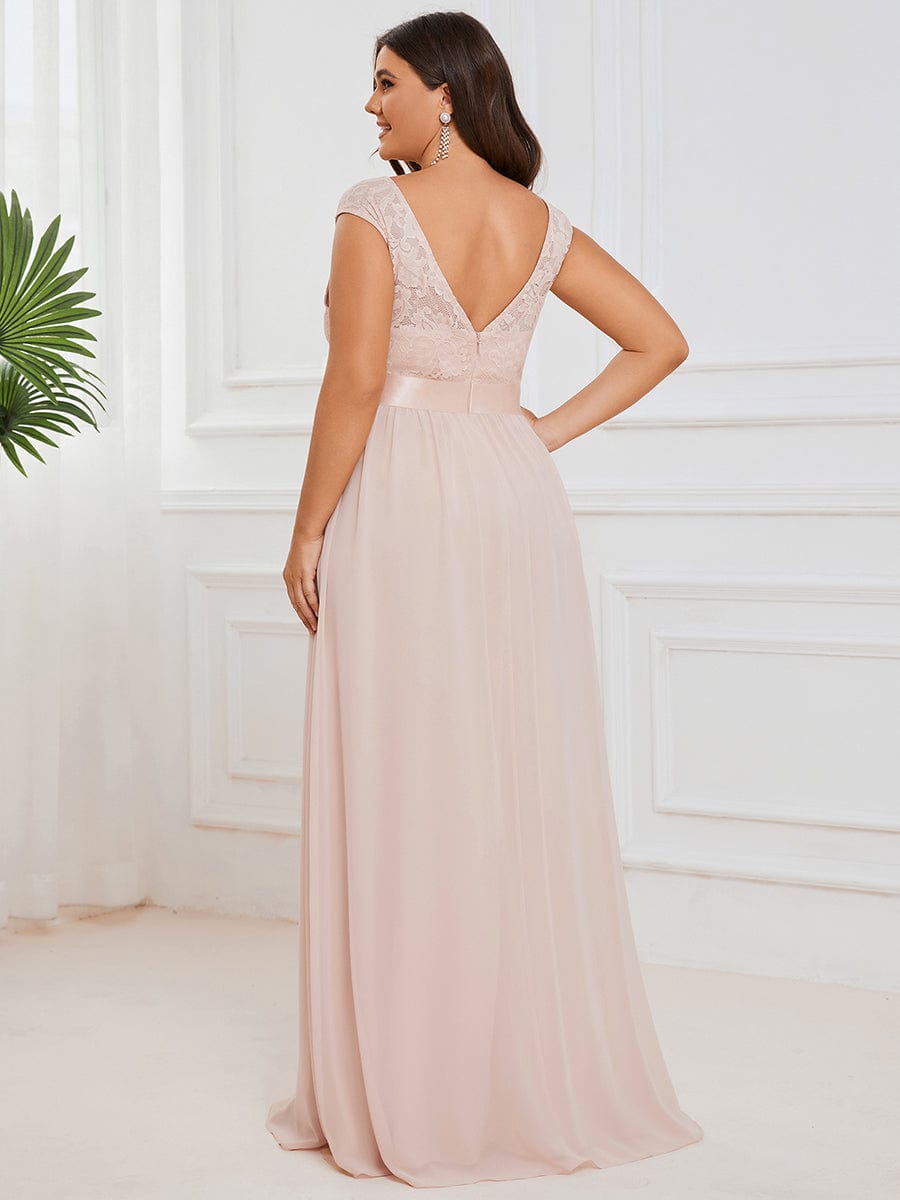 Plus Size Classic Round Neck V Back A-Line Chiffon Bridesmaid Dresses with Lace #color_Blush