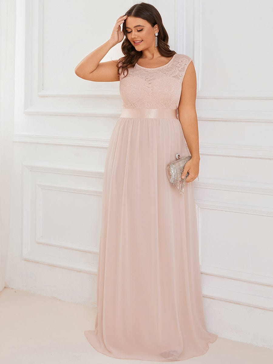 Plus Size Classic Round Neck V Back A-Line Chiffon Bridesmaid Dresses with Lace #color_Blush