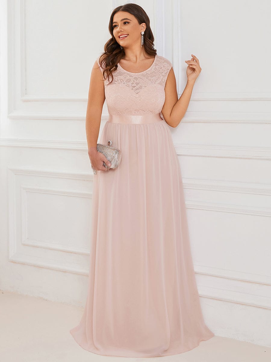 Plus Size Classic Round Neck V Back A-Line Chiffon Bridesmaid Dresses with Lace #color_Blush