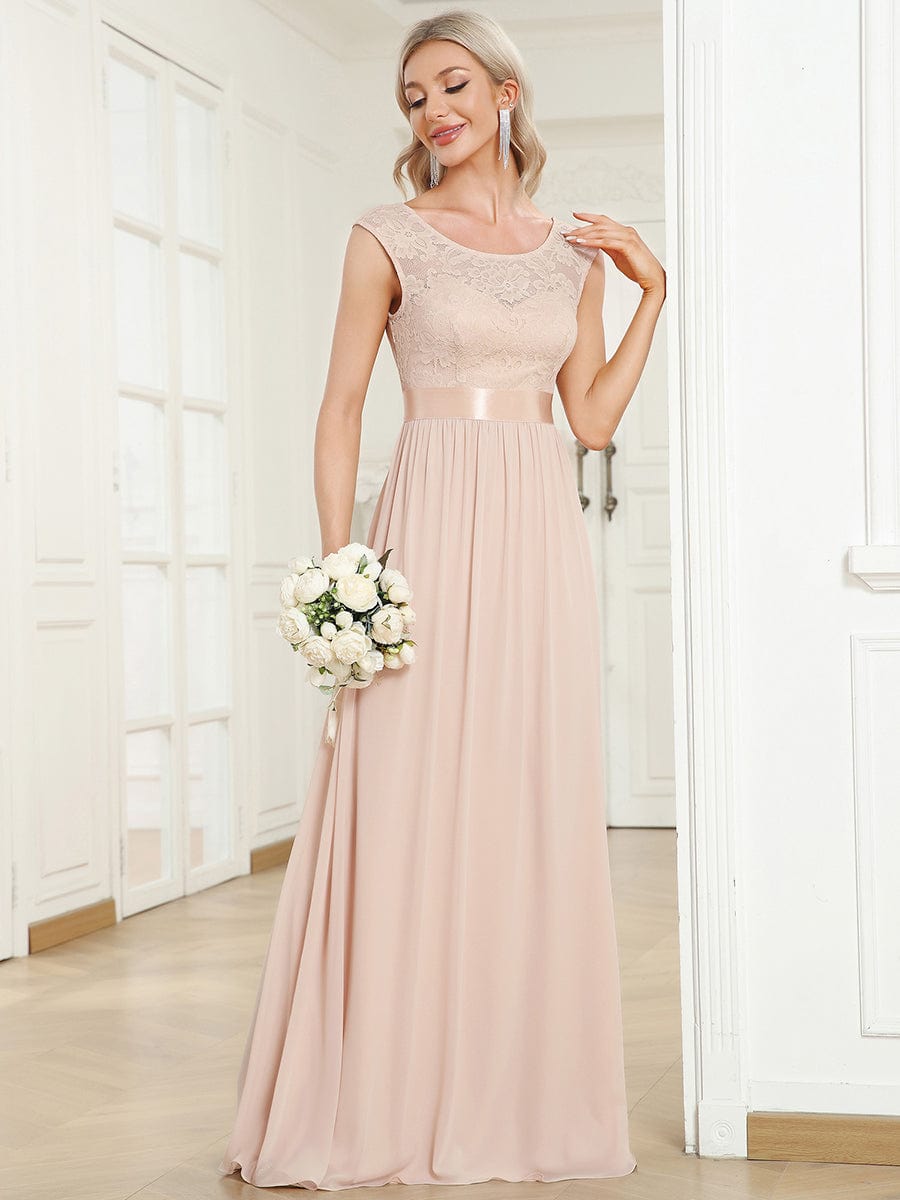 Classic Round Neck V Back Lace Bodice Bridesmaid Dress #color_Blush 