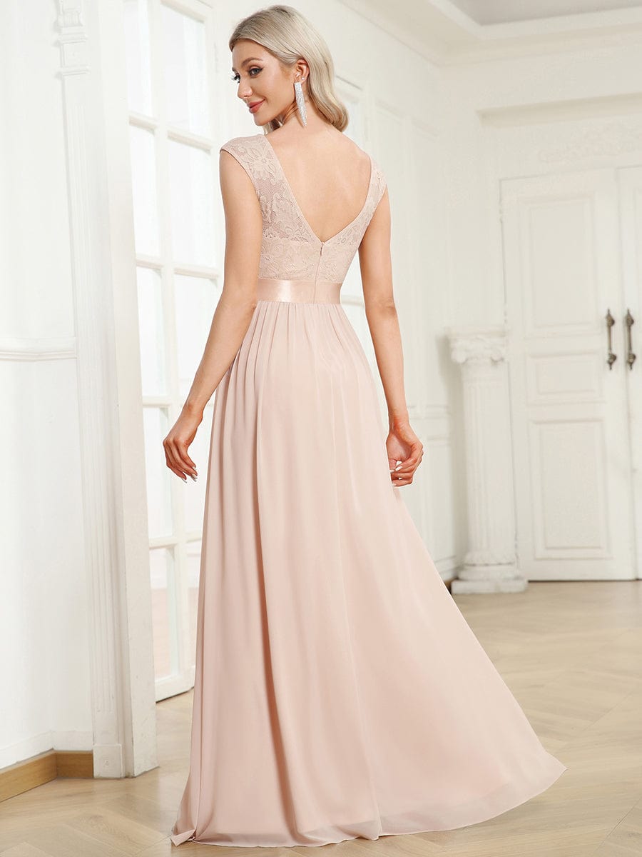 Classic Round Neck V Back Lace Bodice Bridesmaid Dress #color_Blush 