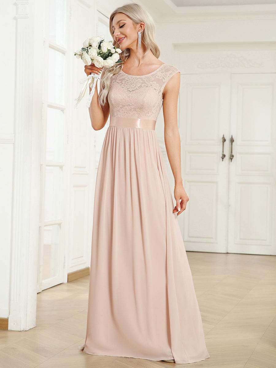 Classic Round Neck V Back Lace Bodice Bridesmaid Dress #color_Blush 