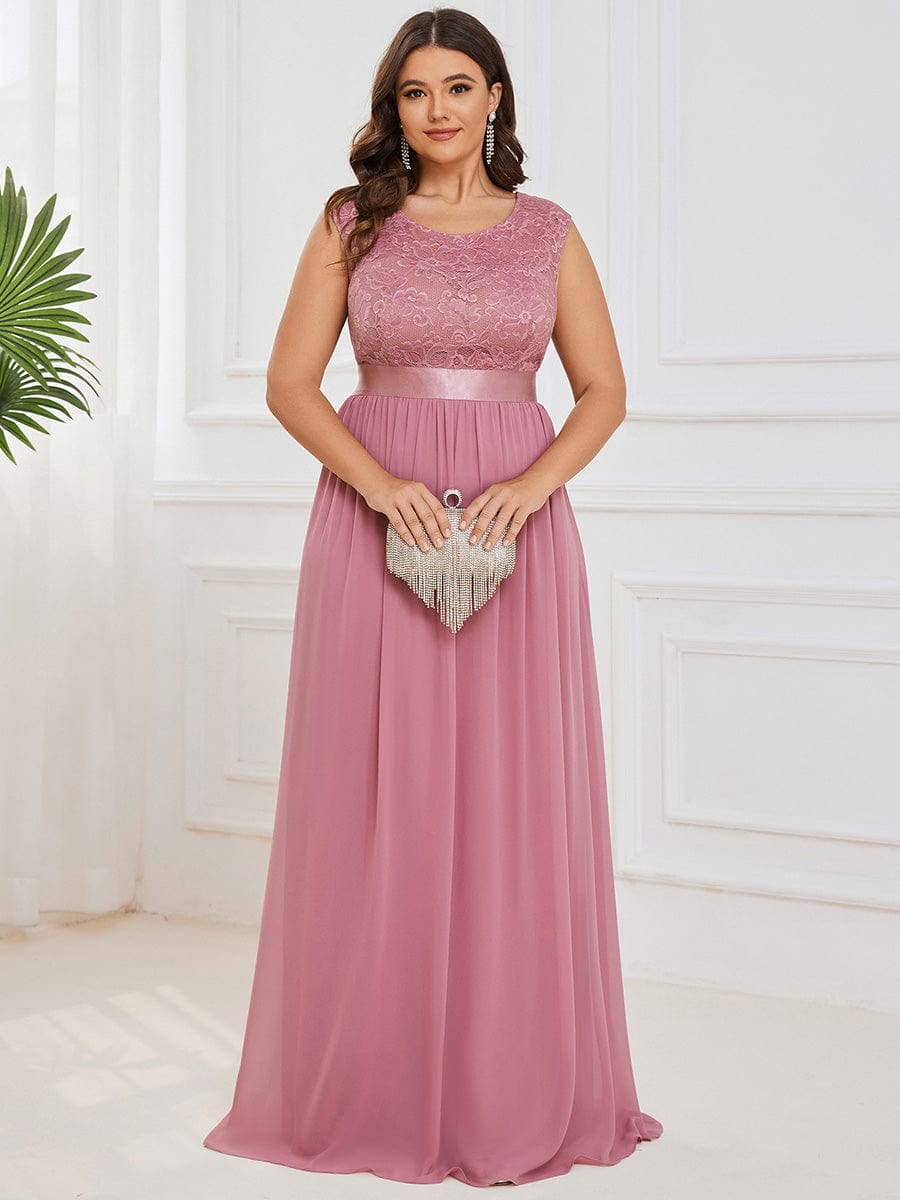 Plus Size Classic Round Neck V Back A-Line Chiffon Bridesmaid Dresses with Lace #color_Purple Orchid