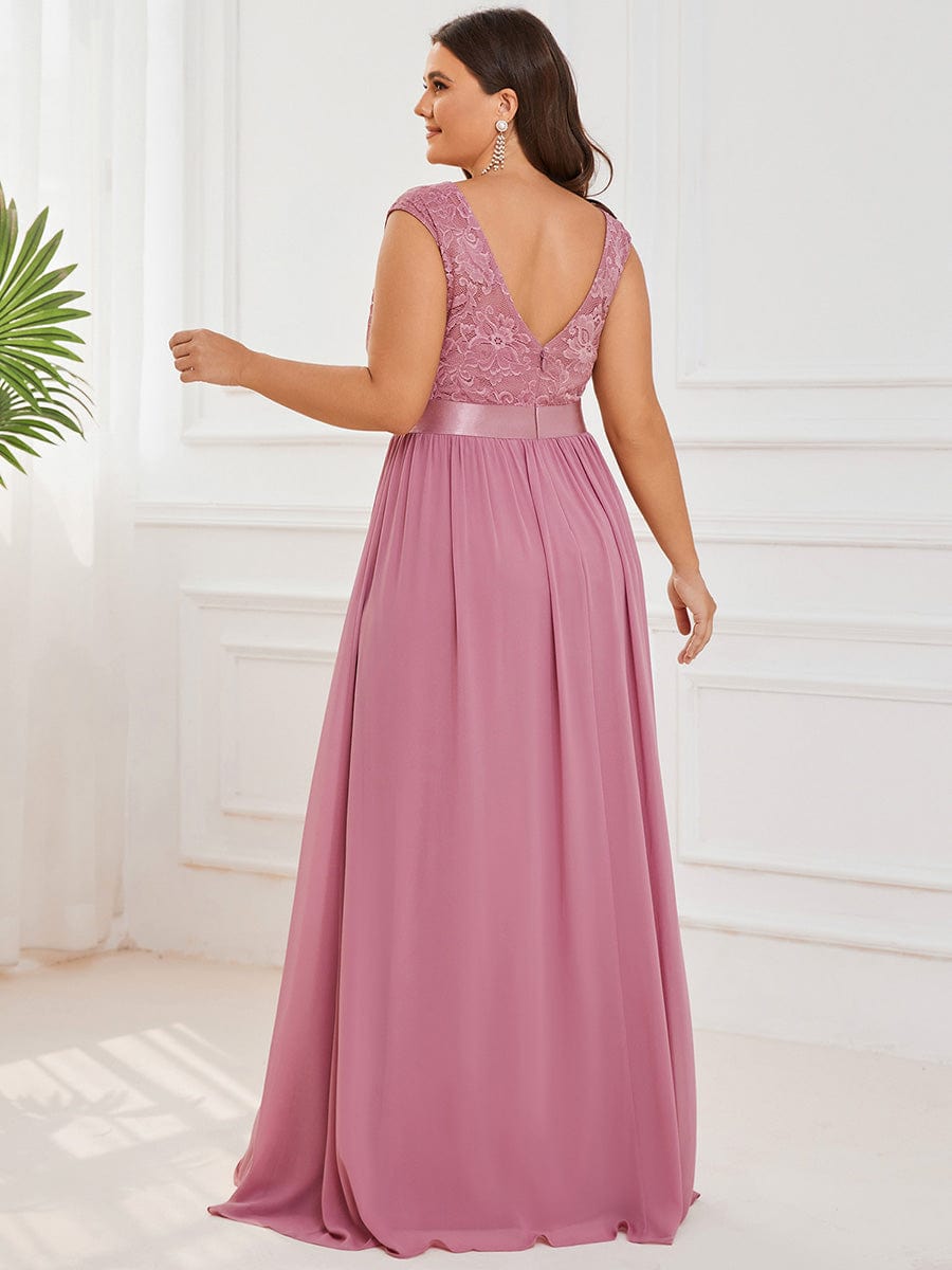 Plus Size Classic Round Neck V Back A-Line Chiffon Bridesmaid Dresses with Lace #color_Purple Orchid