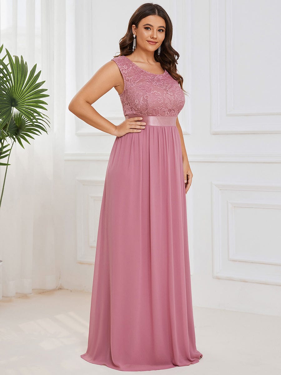 Plus Size Classic Round Neck V Back A-Line Chiffon Bridesmaid Dresses with Lace #color_Purple Orchid