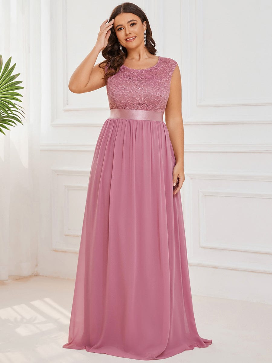 Plus Size Classic Round Neck V Back A-Line Chiffon Bridesmaid Dresses with Lace #color_Purple Orchid