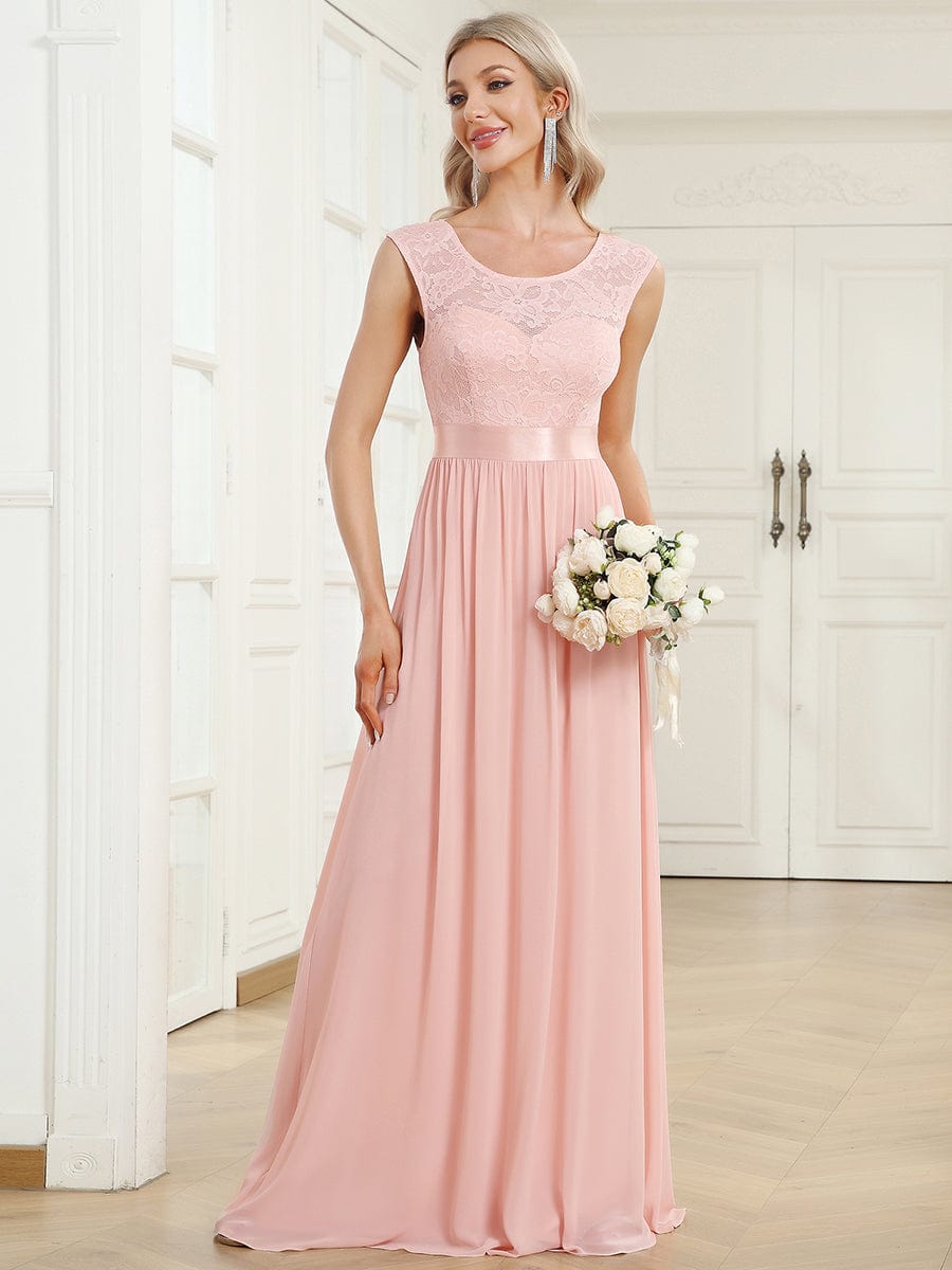 Classic Round Neck V Back Lace Bodice Bridesmaid Dress #color_Pink 