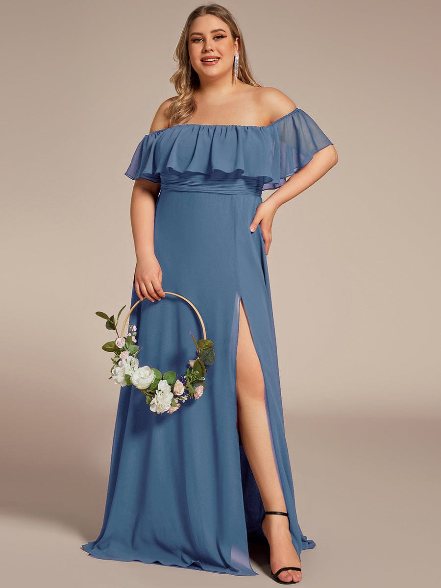 Custom Size Chiffon Ruffle Off Shoulder Thigh Split Bridesmaid Dresses #color_Dusty Blue