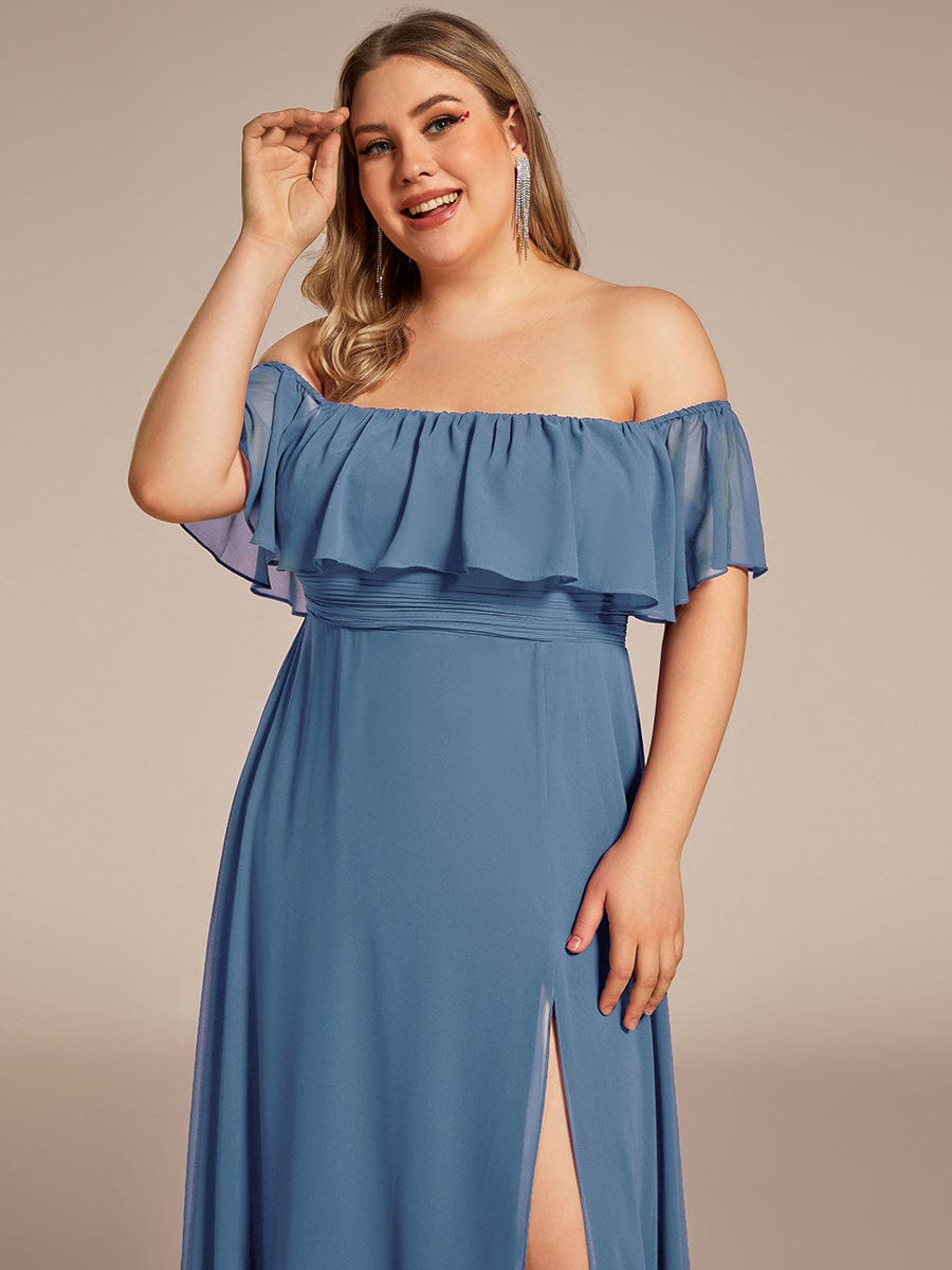 Custom Size Chiffon Ruffle Off Shoulder Thigh Split Bridesmaid Dresses #color_Dusty Blue