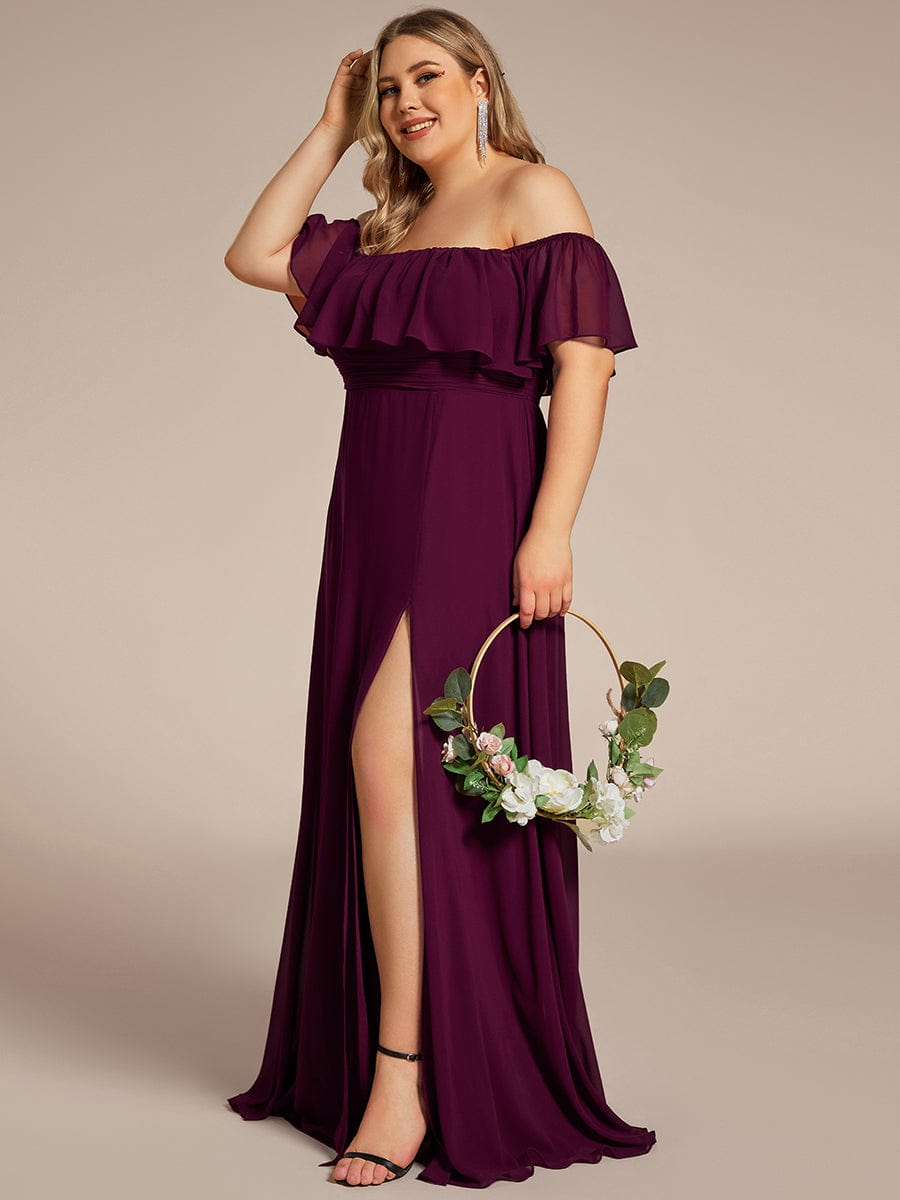 Custom Size Chiffon Ruffle Off Shoulder Thigh Split Bridesmaid Dresses #color_Mulberry