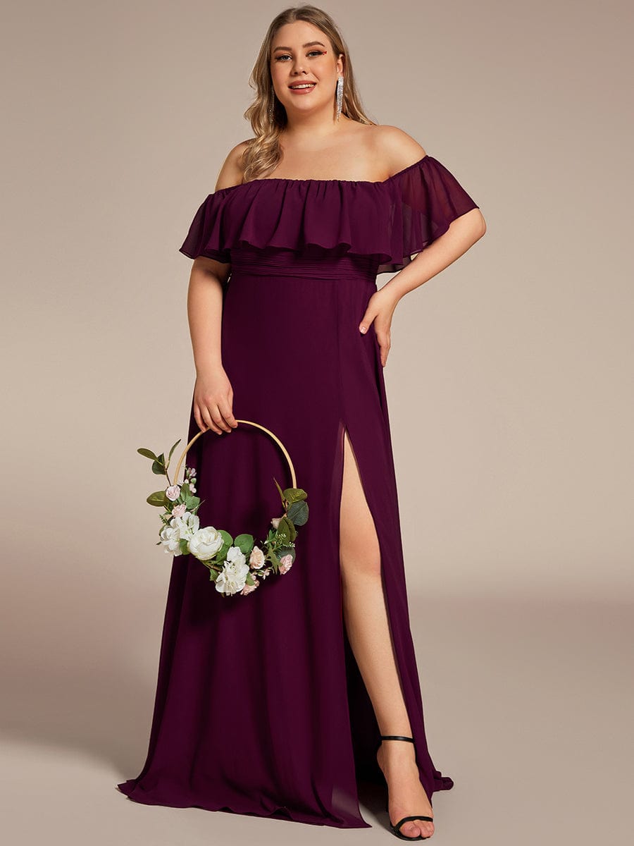 Custom Size Chiffon Ruffle Off Shoulder Thigh Split Bridesmaid Dresses #color_Mulberry