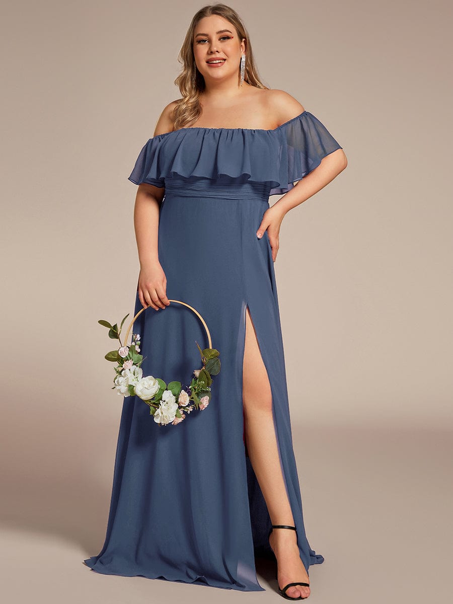 Custom Size Chiffon Ruffle Off Shoulder Thigh Split Bridesmaid Dresses #color_Stormy