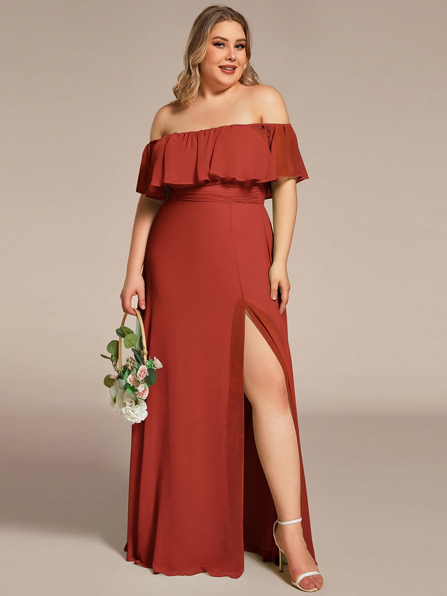 Custom Size Chiffon Ruffle Off Shoulder Thigh Split Bridesmaid Dresses #color_Vermilion