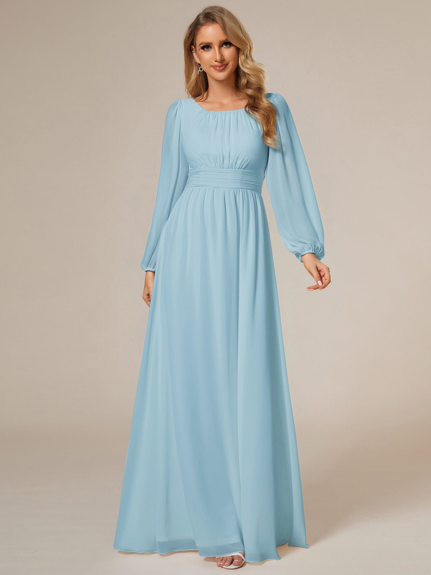 Custom Size See-Througth Puff Sleeve Chiffon Bridesmaid Dress #color_Sky Blue