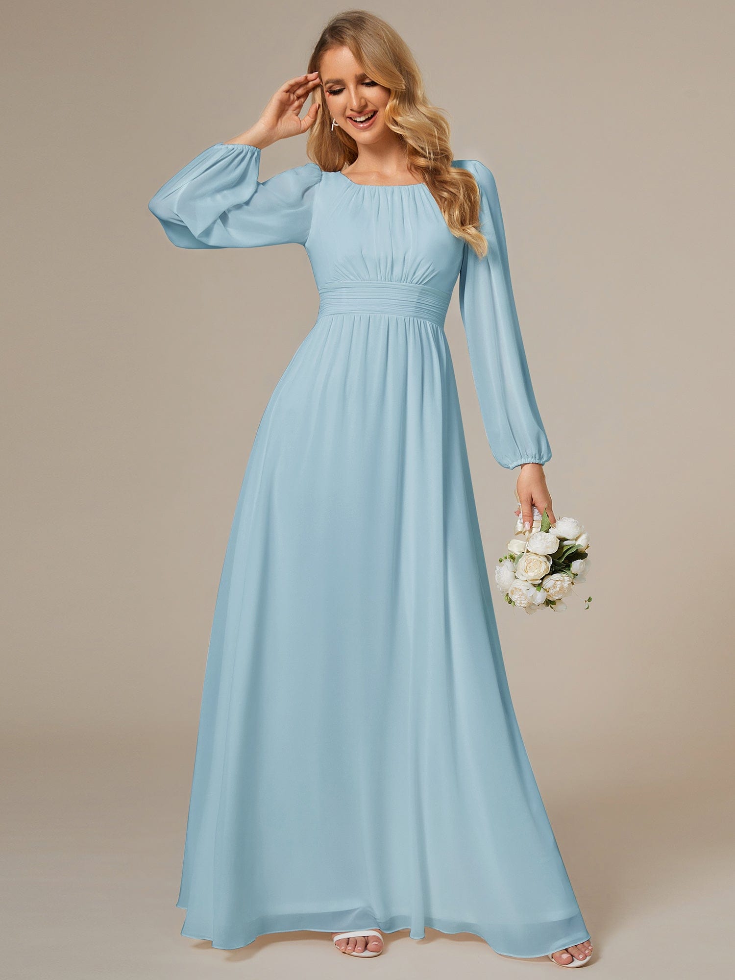 Custom Size See-Througth Puff Sleeve Chiffon Bridesmaid Dress #color_Sky Blue