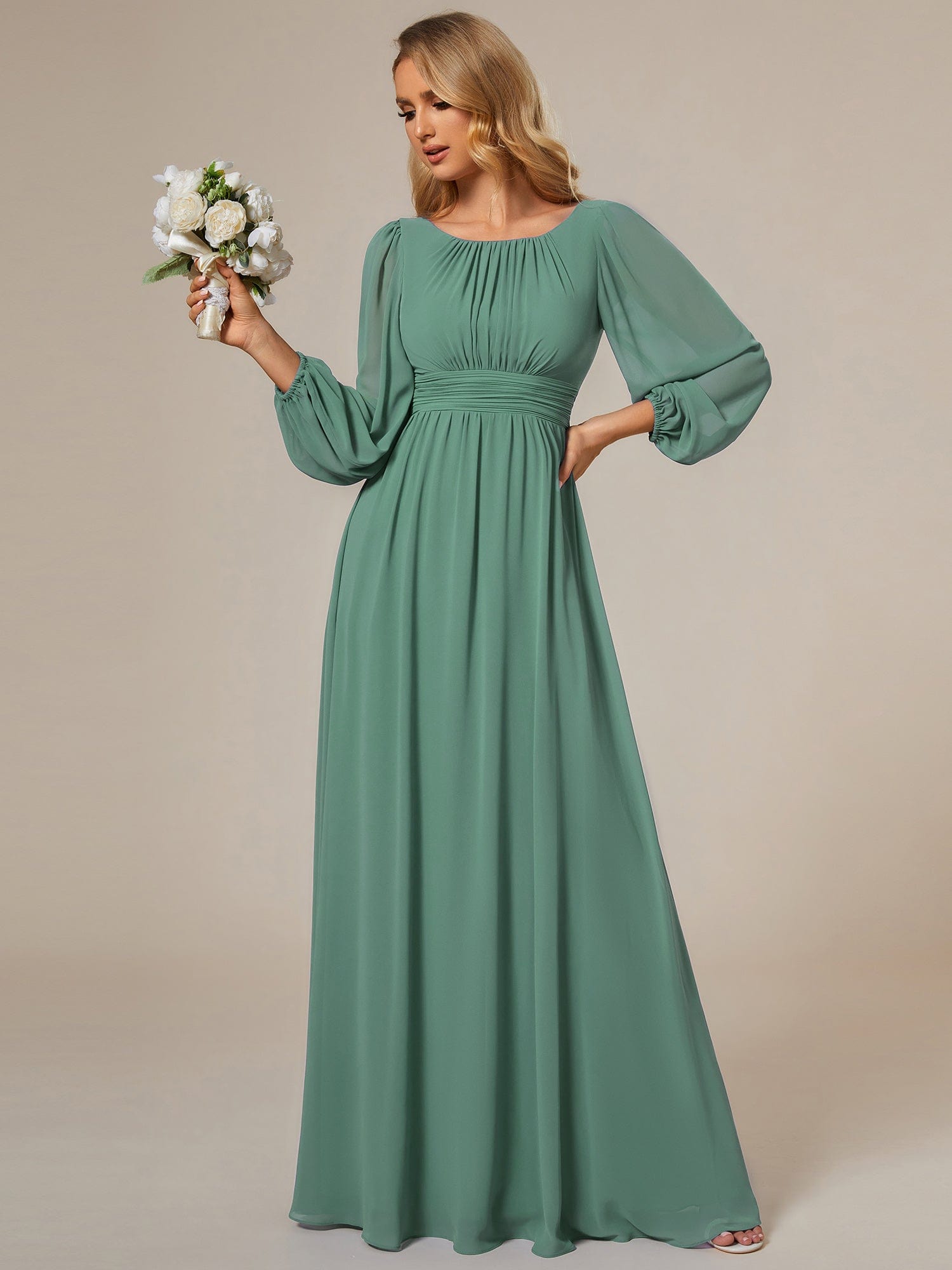 Custom Size See-Througth Puff Sleeve Chiffon Bridesmaid Dress #color_Green Blue