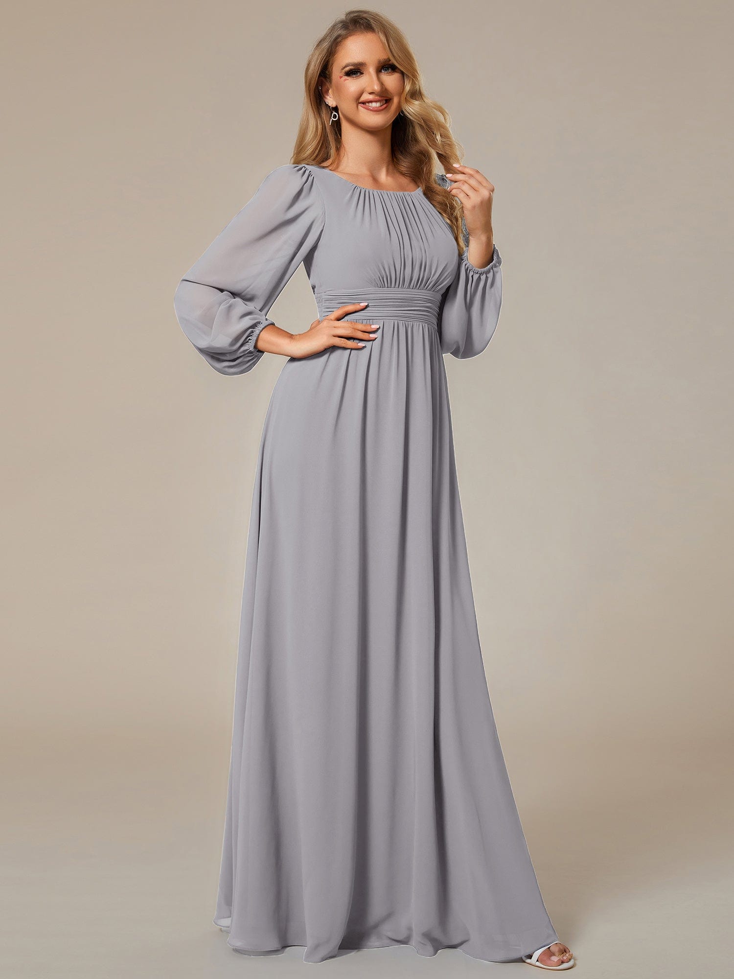 Custom Size See-Througth Puff Sleeve Chiffon Bridesmaid Dress #color_Grey