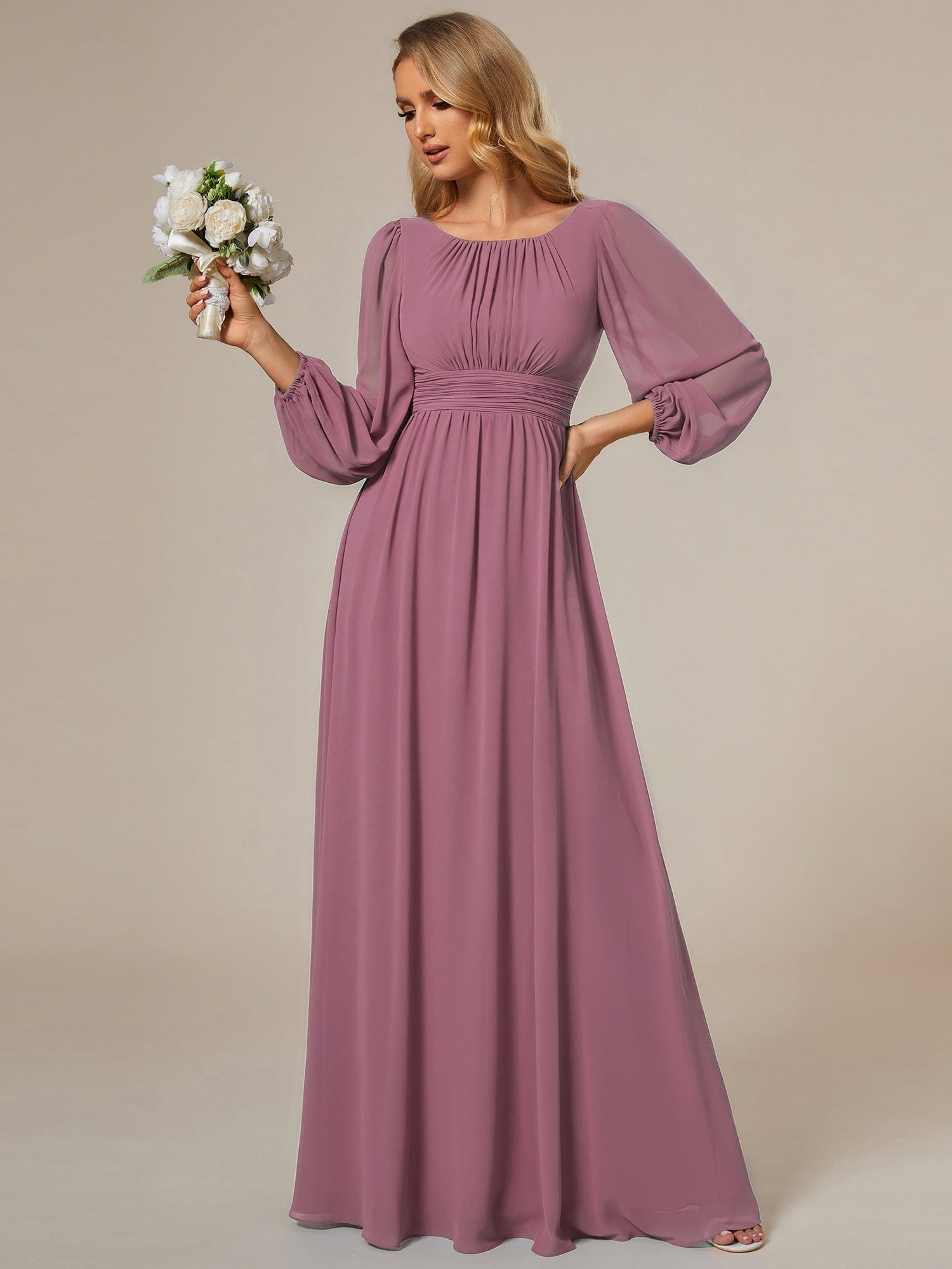 Custom Size See-Througth Puff Sleeve Chiffon Bridesmaid Dress #color_Purple Orchid