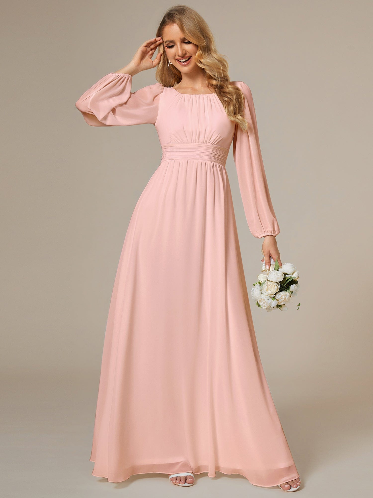 Custom Size See-Througth Puff Sleeve Chiffon Bridesmaid Dress #color_Pink