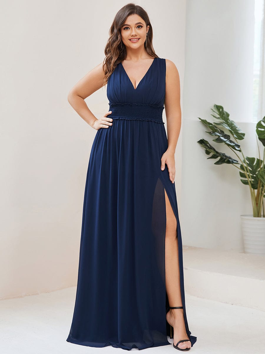 Plus Size V-Neck Sleeveless Pleated Chiffon Evening Dress #Color_Navy Blue