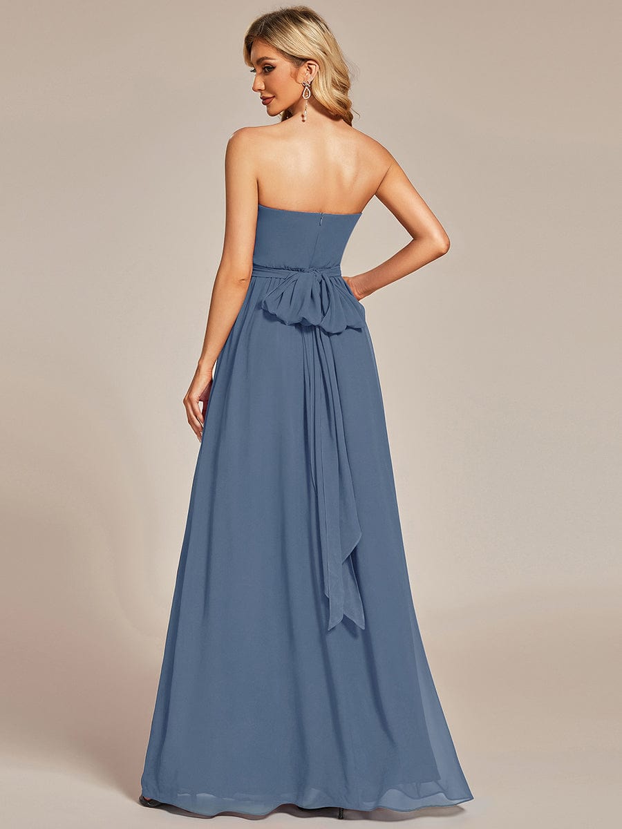 Multiway Chiffon Pleated Strapless Tie-Waist Bridesmaid Dress #color_Dusty Navy