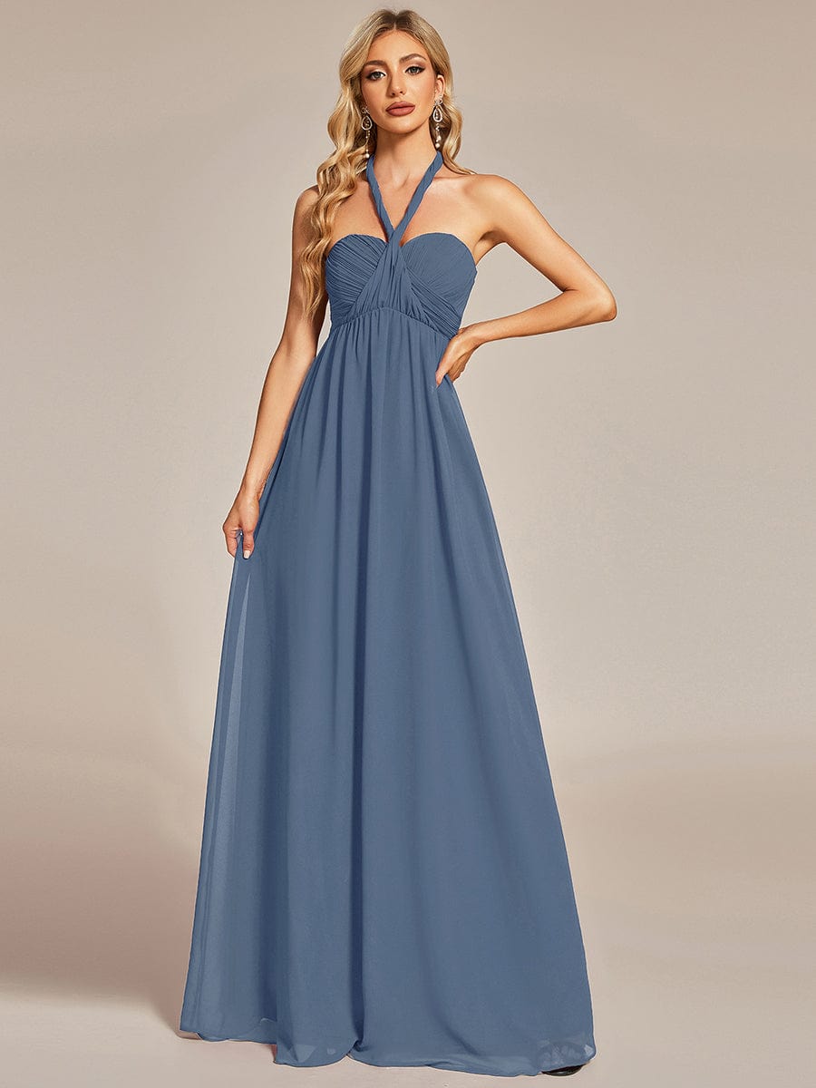 Multiway Chiffon Pleated Strapless Tie-Waist Bridesmaid Dress #color_Dusty Navy