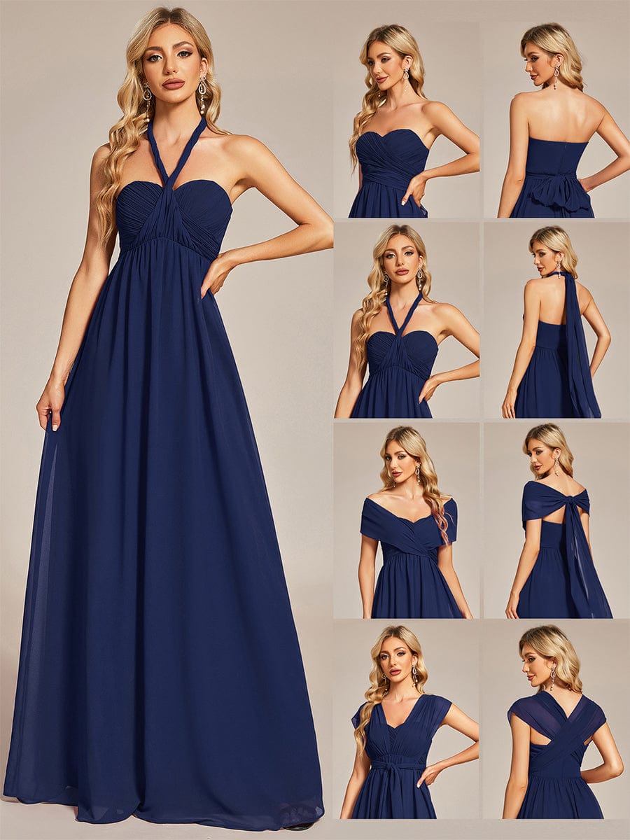 Multiway Chiffon Pleated Strapless Tie-Waist Bridesmaid Dress #color_Navy Blue