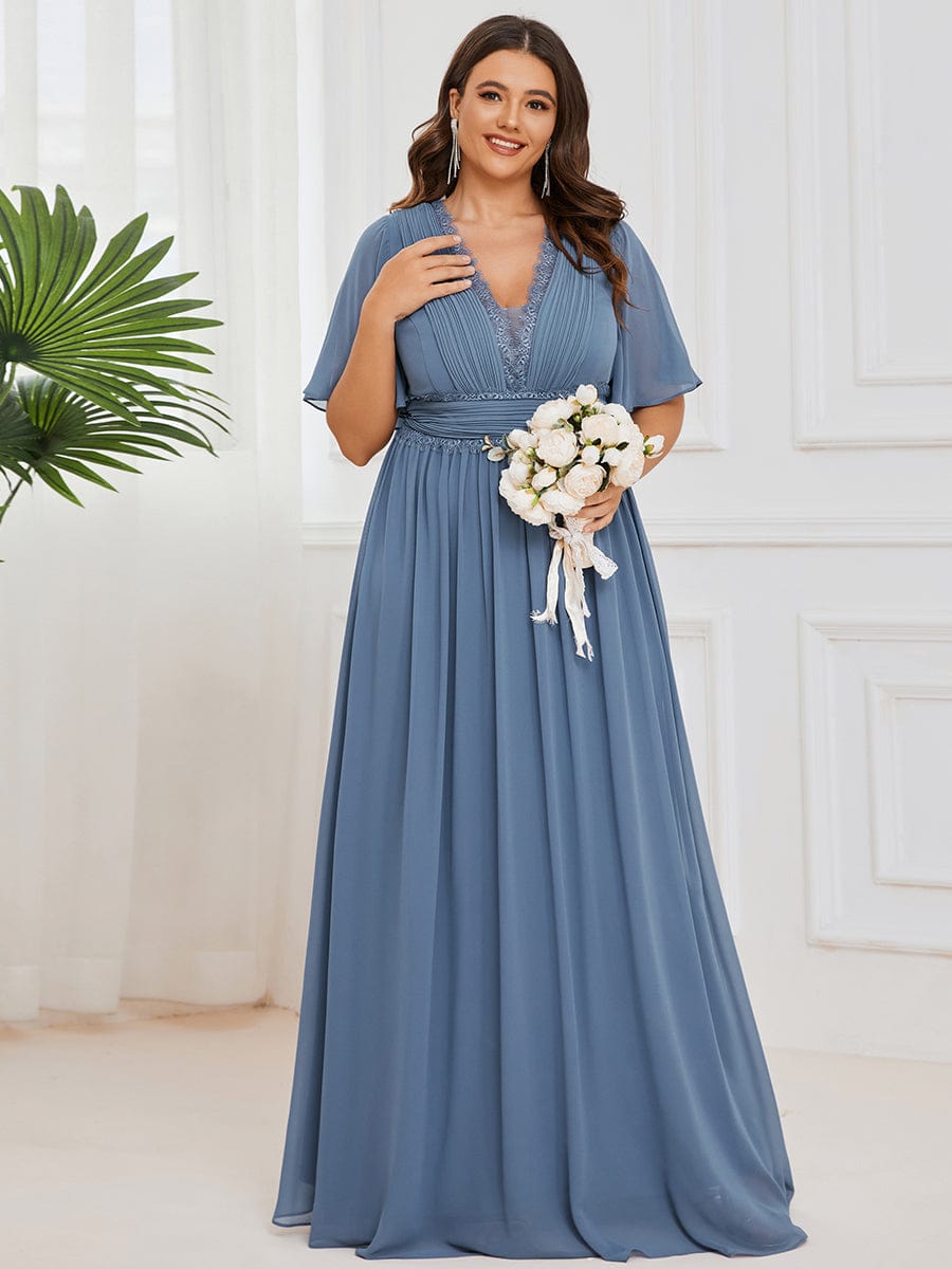 Lace A-Line Short Sleeve Chiffon Bridesmaid Dress #color_Dusty Navy