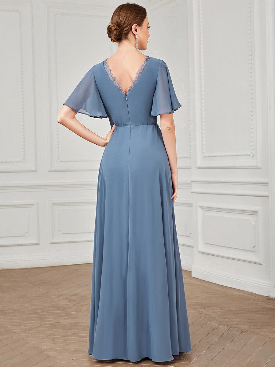 Lace A-Line Short Sleeve Chiffon Bridesmaid Dress #color_Dusty Blue