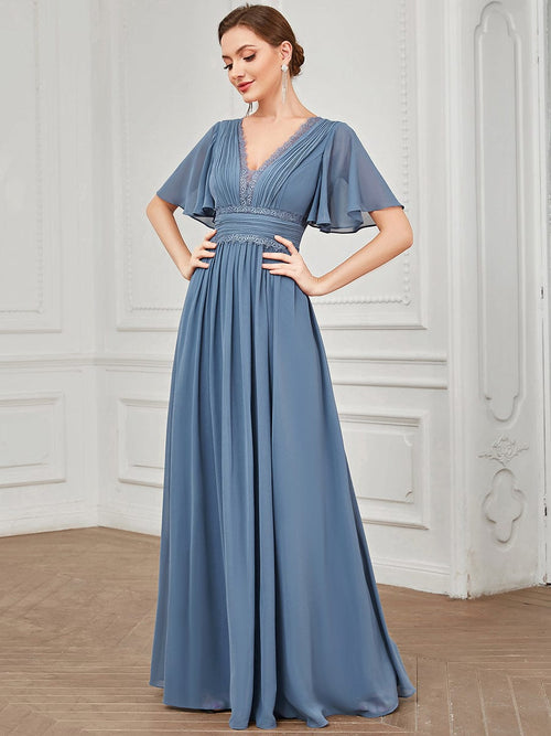 Lace Flutter Sleeve V-Neck Chiffon Bridesmaid Dress - Ever-Pretty US