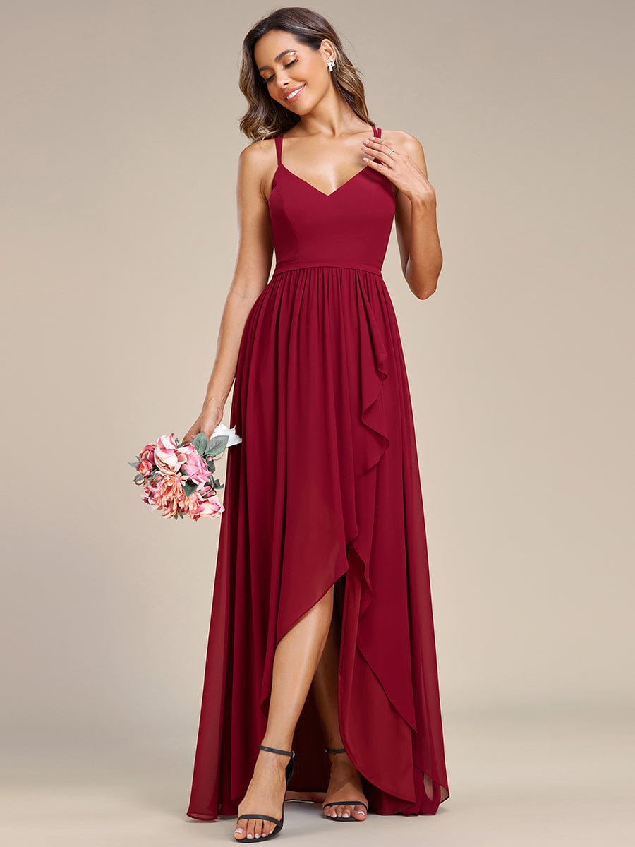 Chiffon Spaghetti Strap Ruffled Front Slit A-Line Bridesmaid Dress #Color_Burgundy