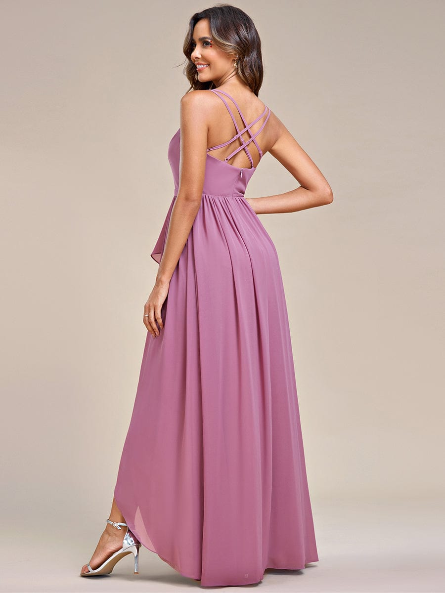 Chiffon Spaghetti Strap Ruffled Front Slit A-Line Bridesmaid Dress #Color_Purple Orchid