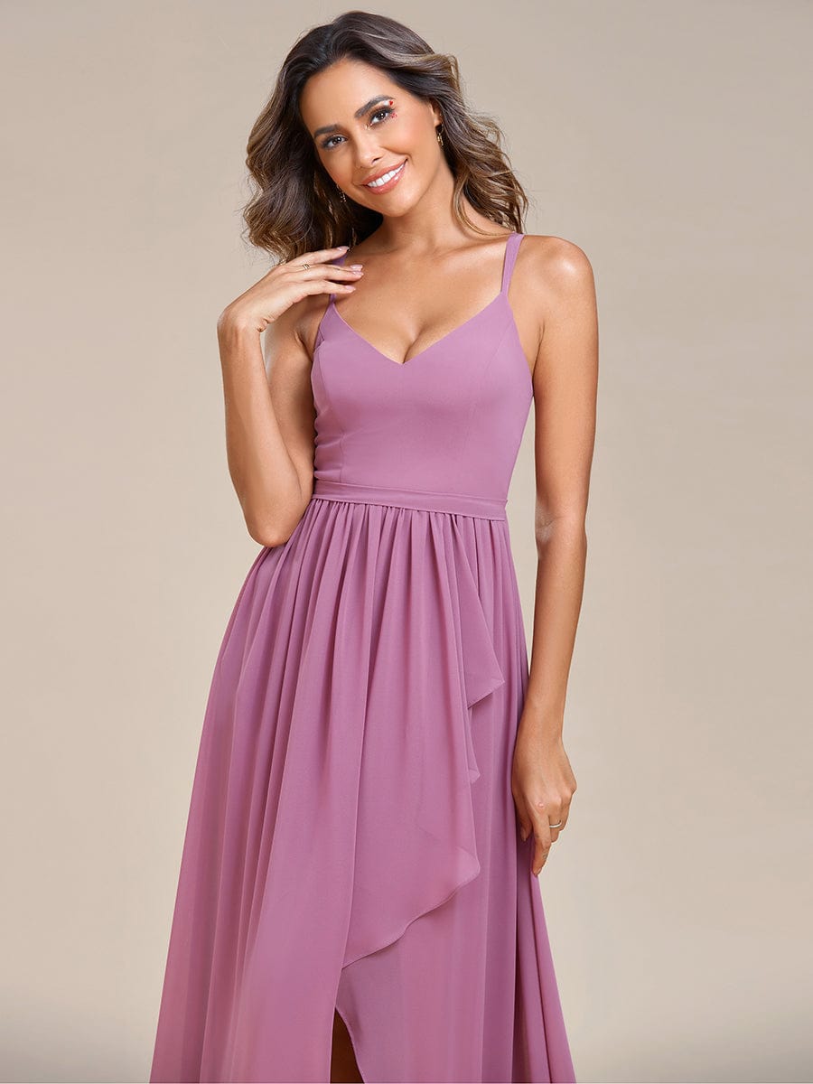 Chiffon Spaghetti Strap Ruffled Front Slit A-Line Bridesmaid Dress #Color_Purple Orchid