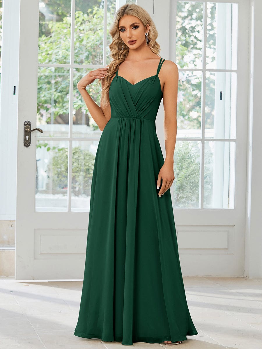 Chiffon and Lace Open Back Spaghetti Straps Bridesmaid Dress #color_Dark Green