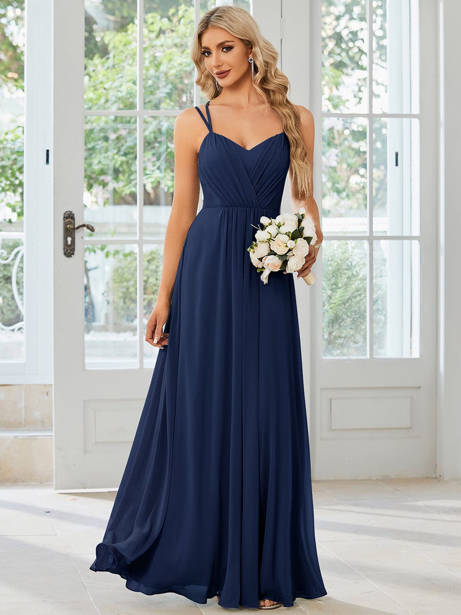 Chiffon and Lace Open Back Spaghetti Straps Bridesmaid Dress #color_Navy Blue