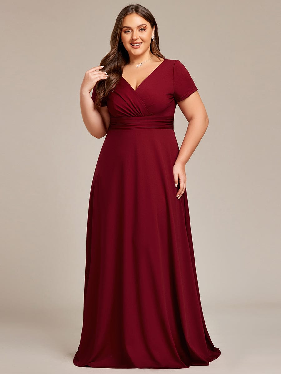 Plus Size Pleated V-Neck Short Sleeves Empire Waist A-Line Bridesmaid Dress #color_Burgundy