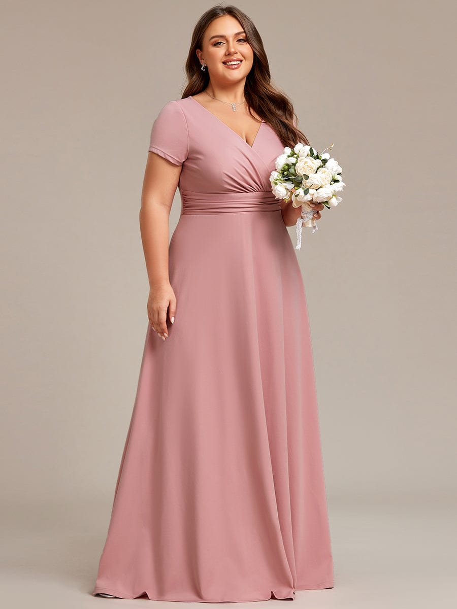 Plus Size Pleated V-Neck Short Sleeves Empire Waist A-Line Bridesmaid Dress #color_Dusty Rose