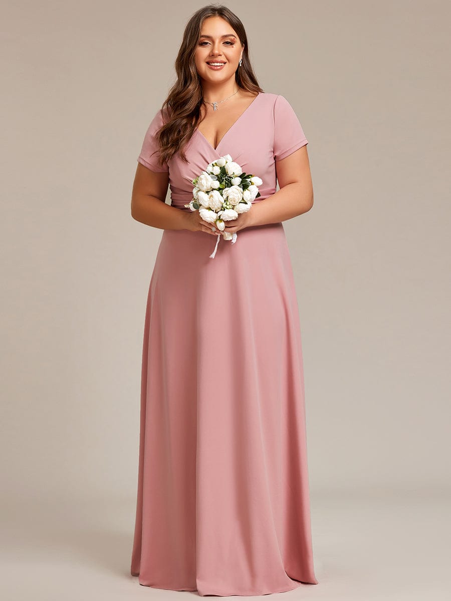 Plus Size Pleated V-Neck Short Sleeves Empire Waist A-Line Bridesmaid Dress #color_Dusty Rose
