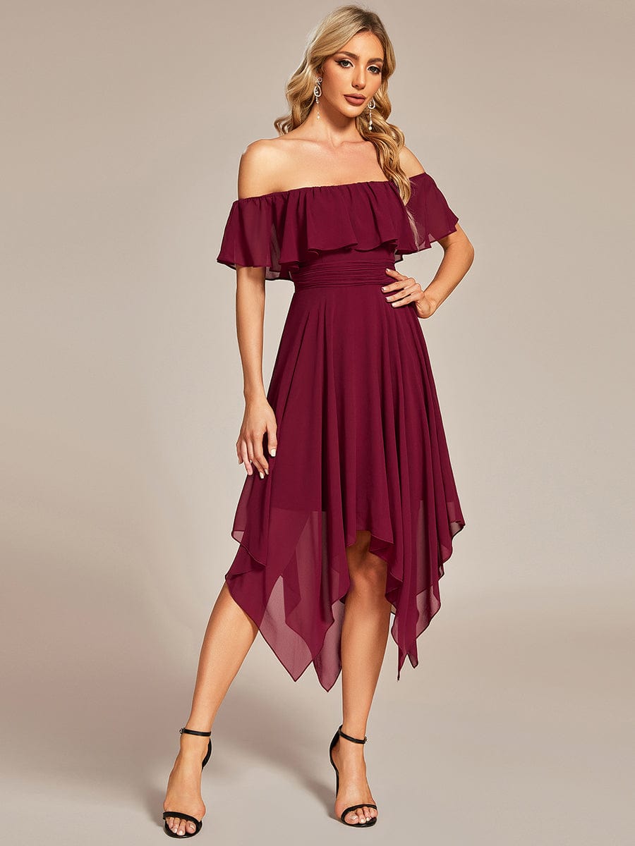 Chiffon Flowy Off-The-Shoulder Bridesmaid Asymmetrical Dress #color_Burgundy