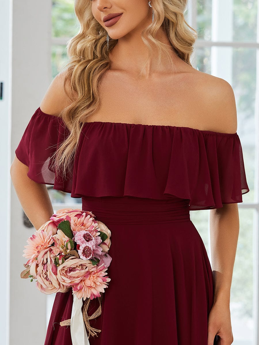 Elegant Chiffon High-Low Off The Shoulder Bridesmaid Dress #color_Burgundy