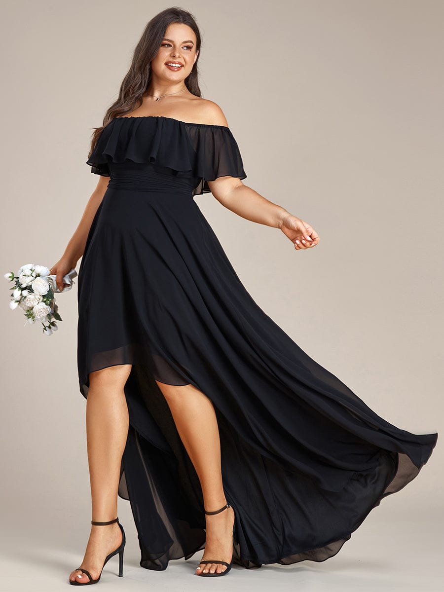 Elegant Chiffon High-Low Off The Shoulder Bridesmaid Dress #color_Black