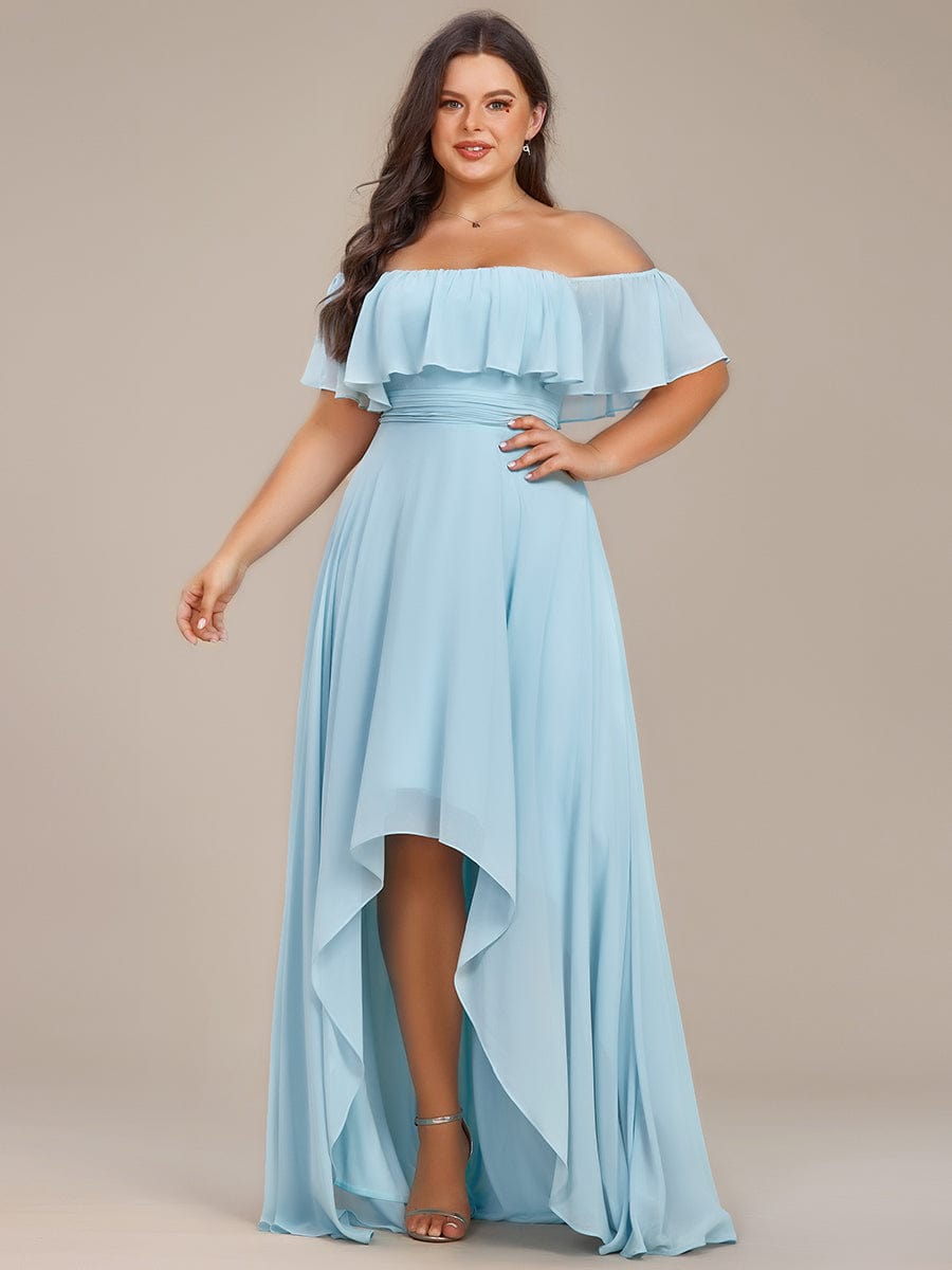 Plus Size Flowy Chiffon High-Low Off The Shoulder Bridesmaid Dress #color_Sky Blue