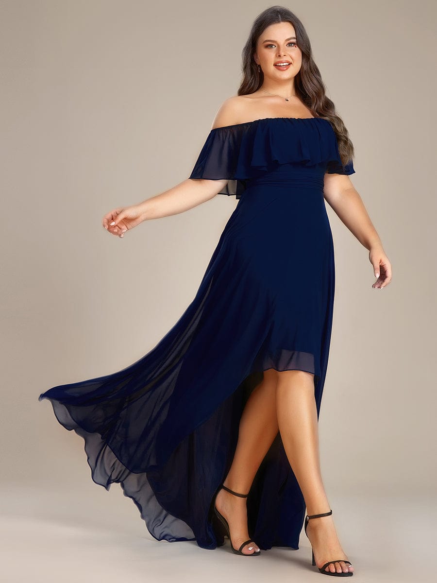 Plus Size Flowy Chiffon High-Low Off The Shoulder Bridesmaid Dress #color_Navy Blue