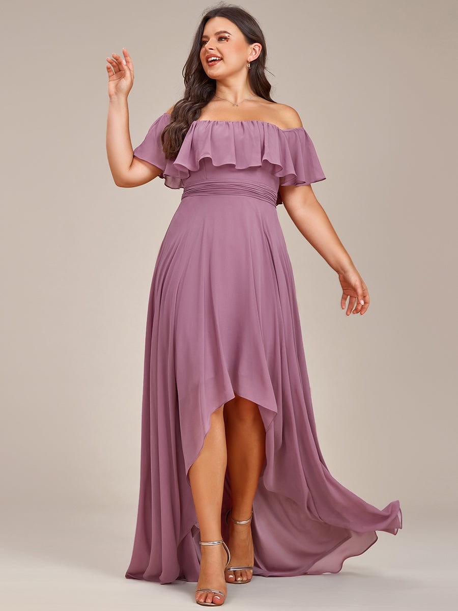 Elegant Chiffon High-Low Off The Shoulder Bridesmaid Dress #color_Purple Orchid