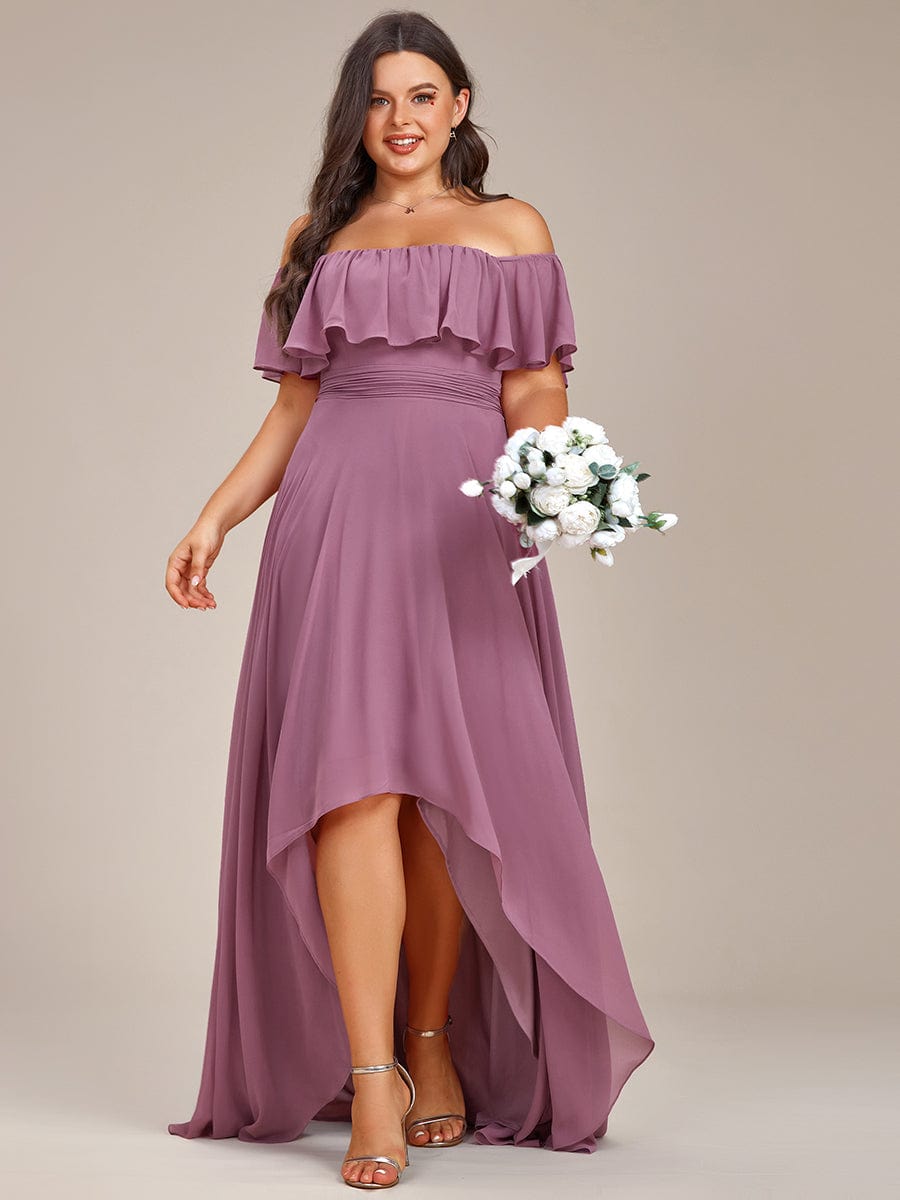 Plus Size Flowy Chiffon High-Low Off The Shoulder Bridesmaid Dress #color_Purple Orchid