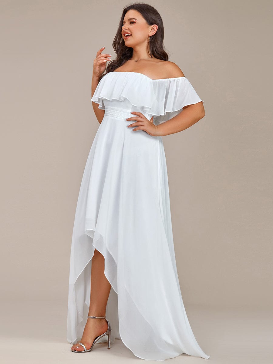 Plus Size Flowy Chiffon High-Low Off The Shoulder Bridesmaid Dress #color_White