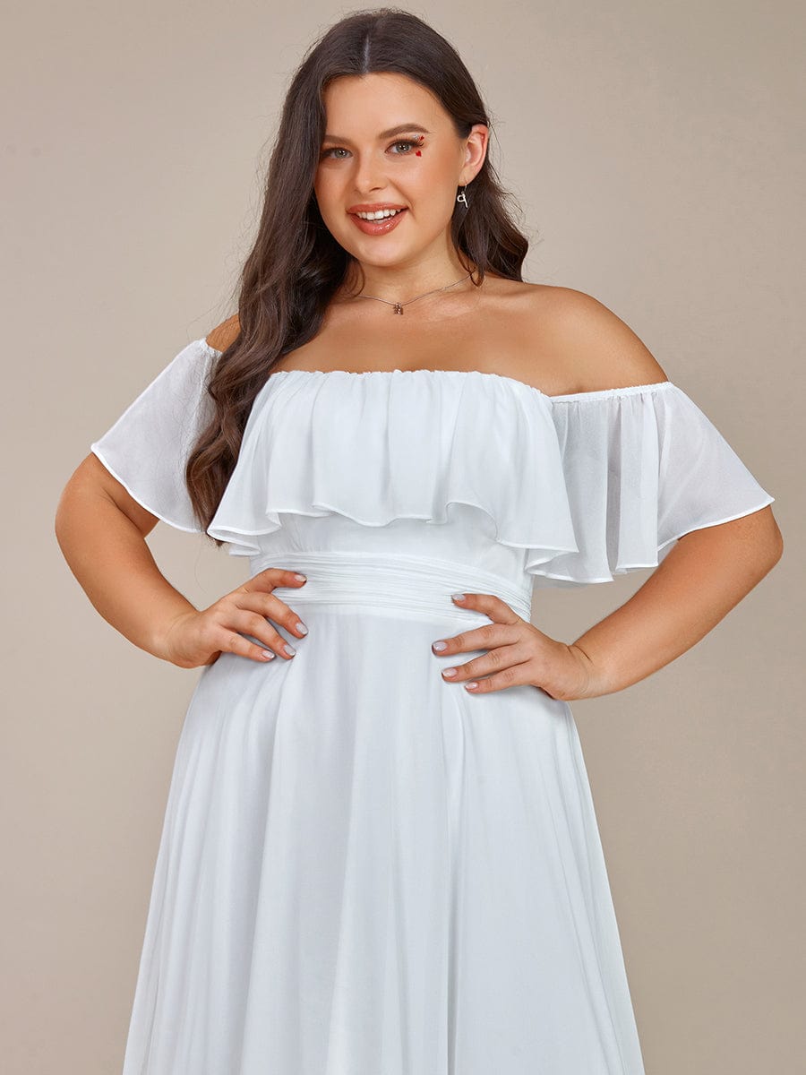 Plus Size Flowy Chiffon High-Low Off The Shoulder Bridesmaid Dress #color_White