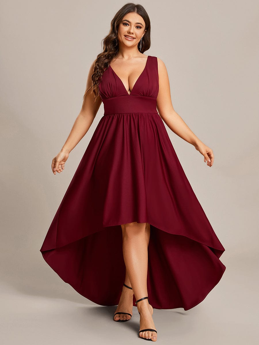 Plus Size Elegant High-Low Sleeveless Empire Waist Birdesmaid Dress #color_Burgundy