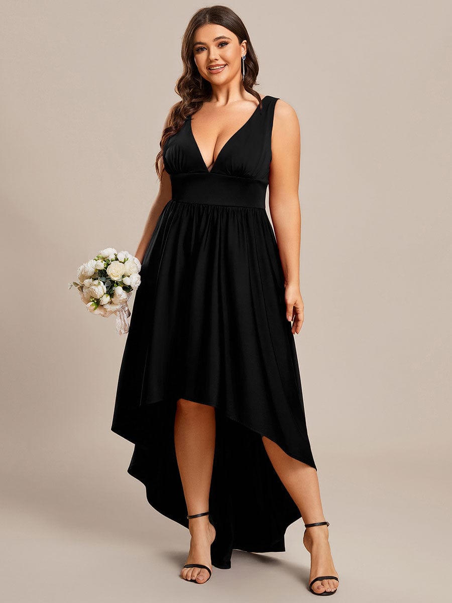 Elegant High-Low Sleeveless Empire Waist Birdesmaid Dress #color_Black