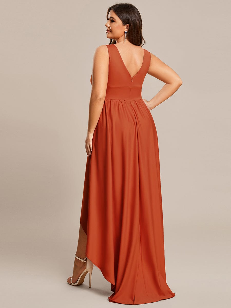 Plus Size Elegant High-Low Sleeveless Empire Waist Birdesmaid Dress #color_Burnt Orange